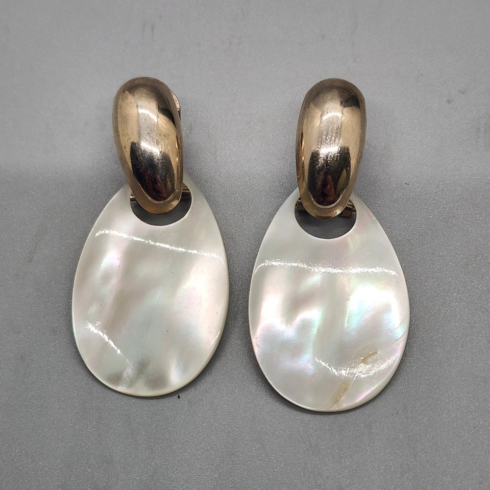 Gold Tone Clip On Drop Earrings 1.75" Mother of Pearl Dangle Statement - Picture 2 of 3